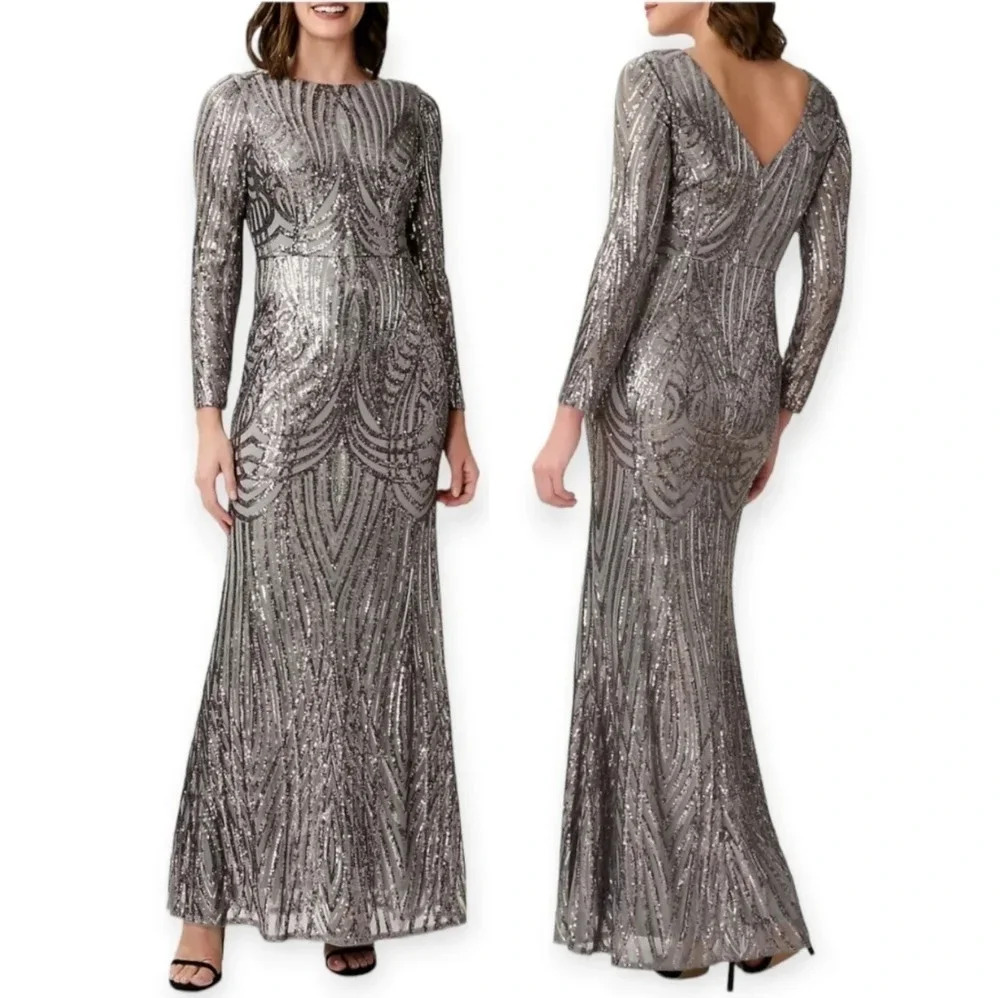 Adrianna Papell Silver Sequin Mesh Mermaid Maxi Dress Long Sleeve 4 Party Formal